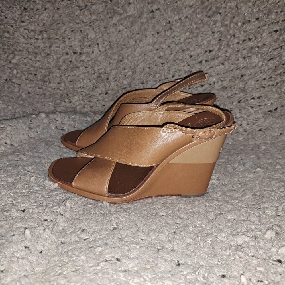 TORY BURCH-Gabrielle-Brown Leather-CrissCross Strap Wedge Sandals-Sz 7-Excellent - Picture 2 of 8